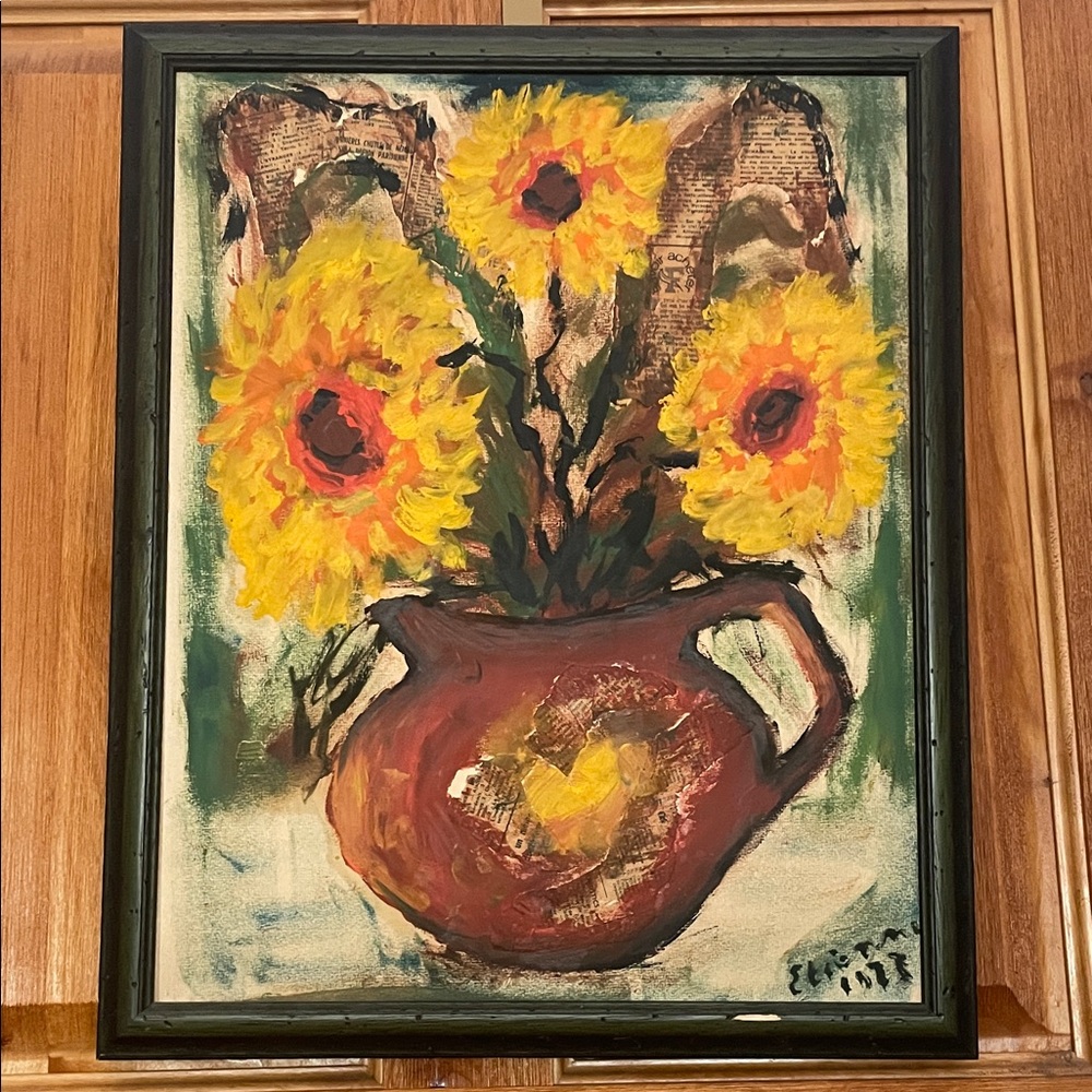 Sunflower Art Mixed Media Painting in Dark Green Frame ~ Etienne 1973 Rare art - Picture 14 of 16